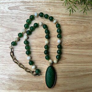 Vintage Green White Nephrite Jade Pendant Necklace Gold Plated Beads Spacer‎ 22"